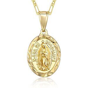 Catholic Virgin Mary Necklace 14K Gold Round Plated Guadalupe Pendant Women Gift